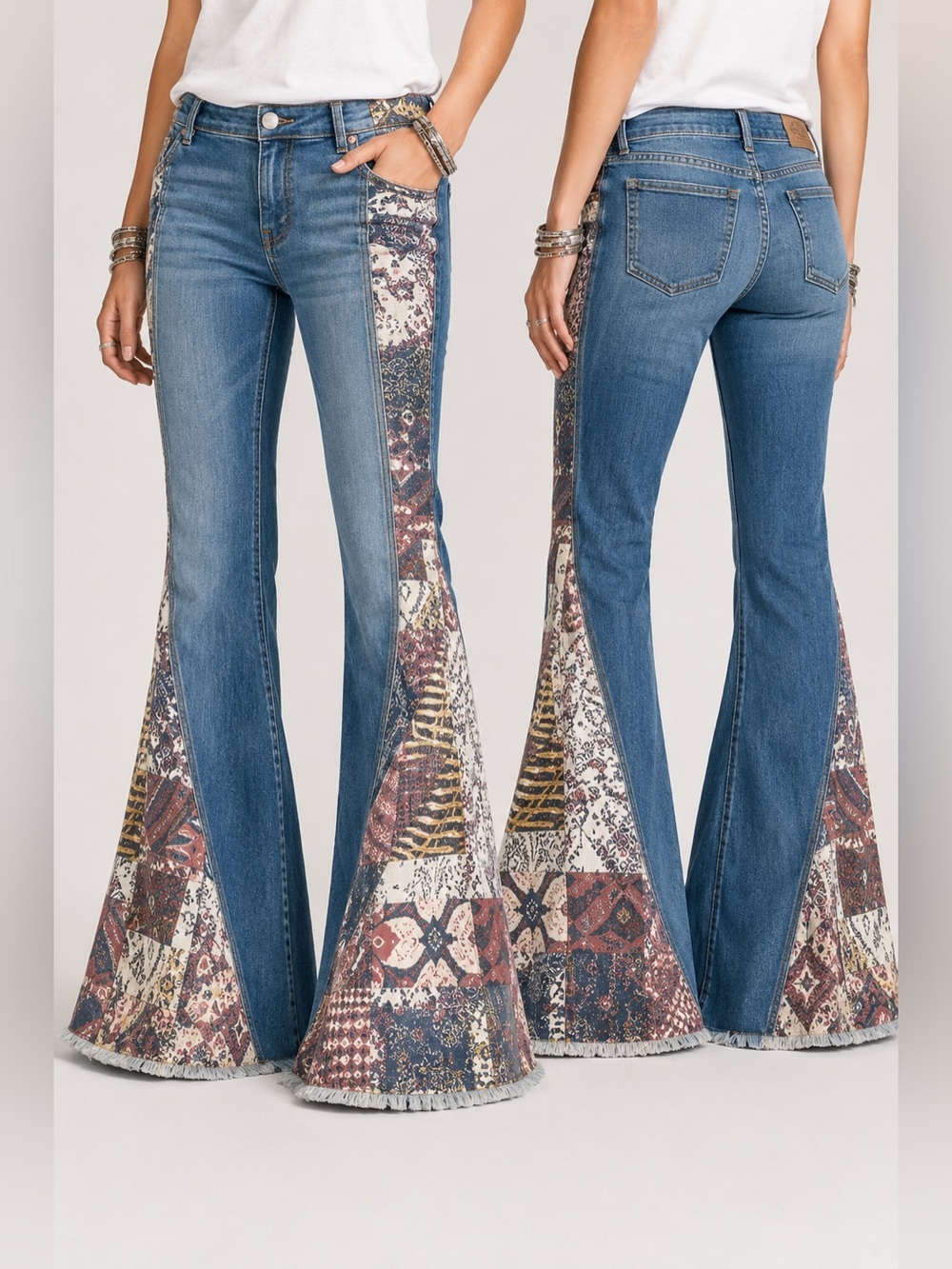 RARE Free People Bali Patchwork Flared Bell Botton Low Rise  Jeans ~ Size 31 🔥